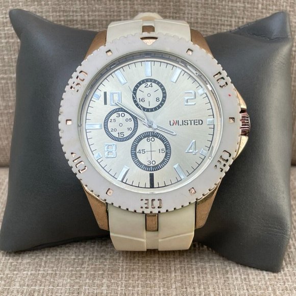 Unlisted Men Wristwatch White Band Gold Tone Case Quartz Analog - Picture 2 of 9